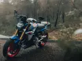 Niebiesko-biały motocykl BMW F900R z czerwonymi felgami na tle jesiennego lasu.