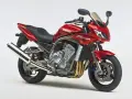 Czerwony motocykl Yamaha Fazer 1000, z widocznym silnikiem i wydechem. Choć piękny, warto pamiętać o jego potencjalnych wadach.