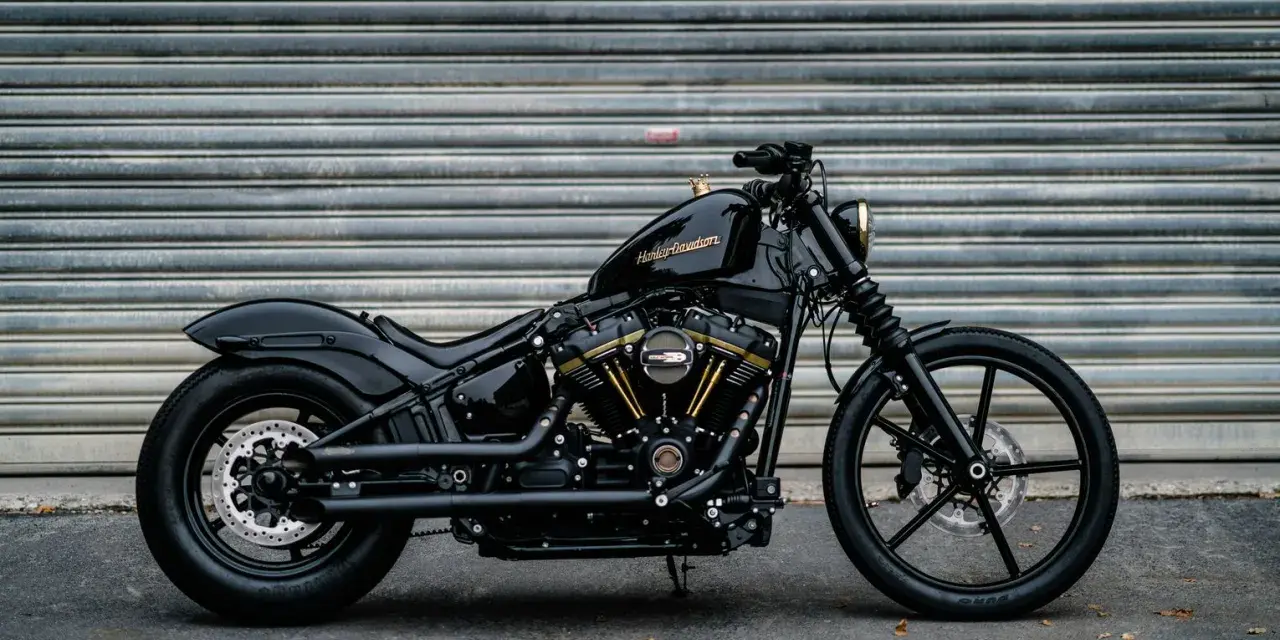 Czarny Harley-Davidson Dyna z błyszczącym lakierem i złotymi akcentami na silniku, gotowy do drogi.