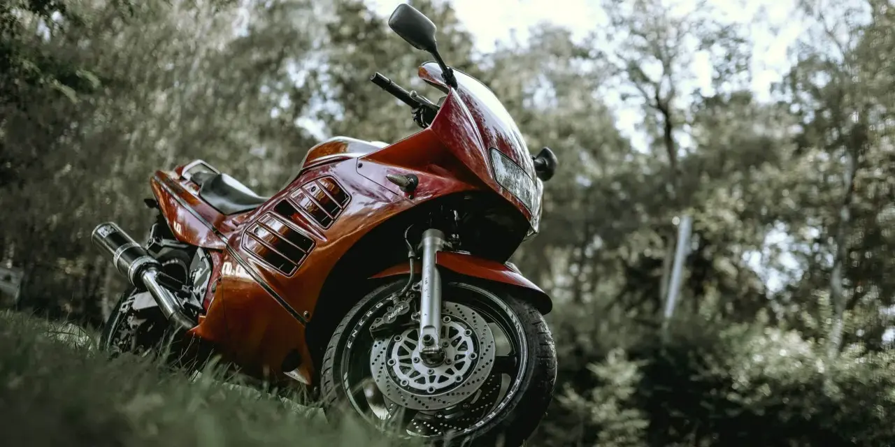 Czerwony motocykl Suzuki RF 900 na trawie. Warto sprawdzić suzuki rf 900 dane techniczne przed zakupem.