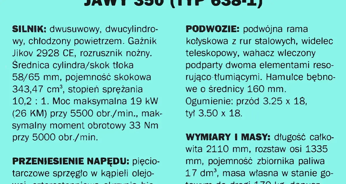 Dane techniczne Jawy 350 (Typ 638-1): silnik dwucylindrowy, moc 19 kW, podwozie z ramą kołyskową, hamulce bębnowe, wymiary i masy.