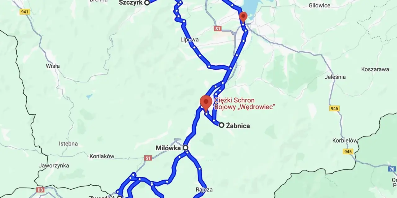 Mapa z zaznaczoną trasą motocyklową przez Szczyrk, Żywiec i okolice.