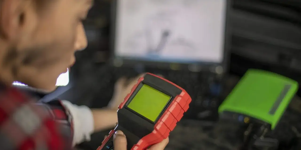 Mechanik z urządzeniem diagnostycznym i laptopem.