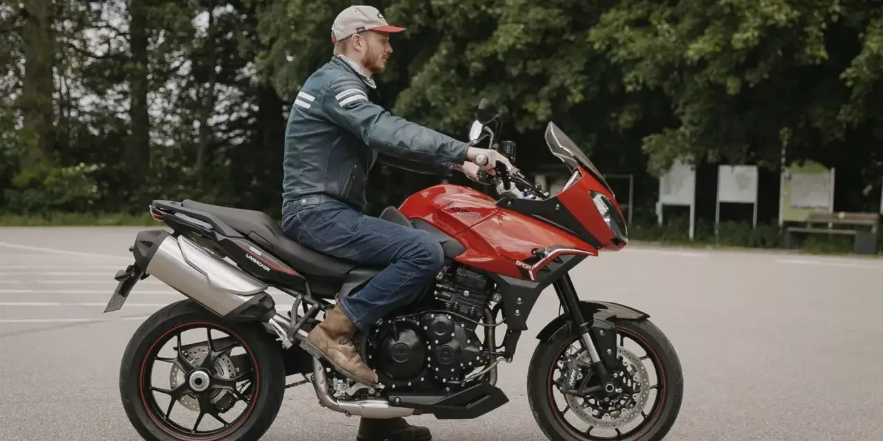 Mężczyzna na czerwonym motocyklu Triumph Tiger 1050. Poznaj jego dane techniczne i możliwości.