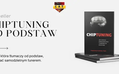 Okładka książki "Chiptuning od podstaw" ze zdjęciem gałki zmiany biegów i logo akademii.