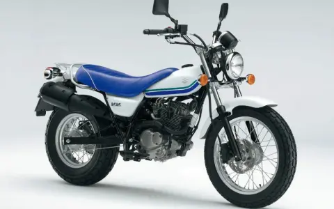 Biały Suzuki Van Van 125 z niebieskim siedzeniem i zielono-niebieskimi paskami na baku. Idealny na miejskie przygody.
