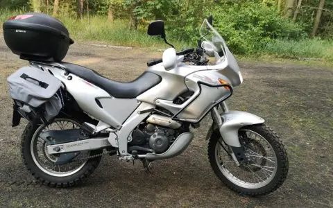 Srebrny motocykl Aprilia Pegaso 650 z kufrem i sakwami, gotowy na przygodę w lesie.
