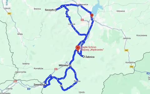 Mapa z zaznaczoną trasą motocyklową przez Szczyrk, Żywiec i okolice.
