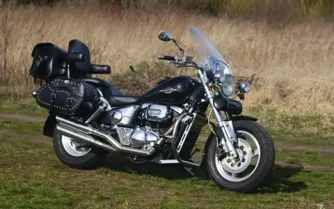 Czarny Suzuki Marauder z sakwami i oparciem, gotowy na podróż przez jesienne krajobrazy.