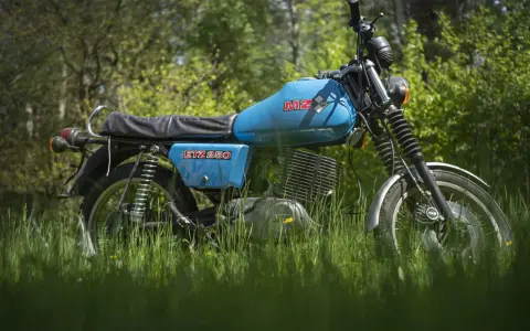 Niebieski motocykl MZ ETZ 250 stojący na trawie, z drzewami w tle.
