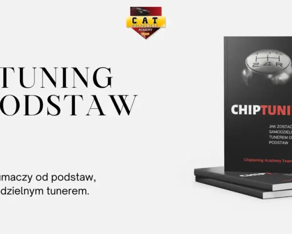 Okładka książki "Chiptuning od podstaw" ze zdjęciem gałki zmiany biegów i logo akademii.
