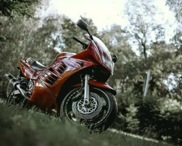 Czerwony motocykl Suzuki RF 900 na trawie. Warto sprawdzić suzuki rf 900 dane techniczne przed zakupem.