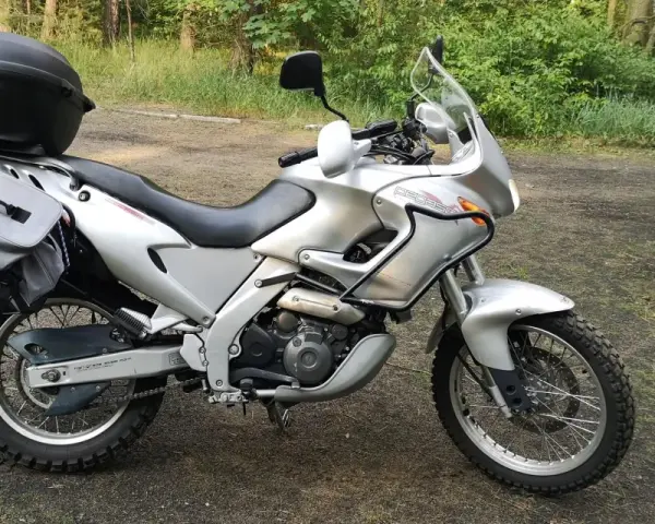Srebrny motocykl Aprilia Pegaso 650 z kufrem i sakwami, gotowy na przygodę w lesie.