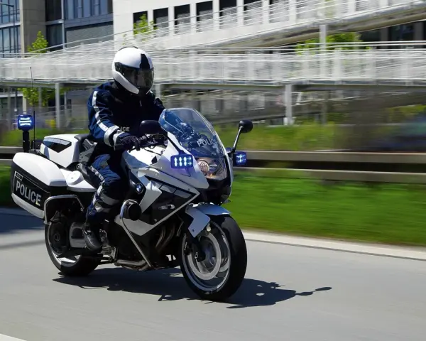 Policyjny motocykl BMW F800GT z włączonymi sygnałami świetlnymi pędzi po drodze.