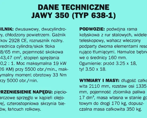 Dane techniczne Jawy 350 (Typ 638-1): silnik dwucylindrowy, moc 19 kW, podwozie z ramą kołyskową, hamulce bębnowe, wymiary i masy.