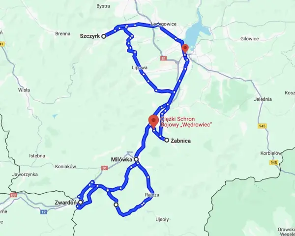 Mapa z zaznaczoną trasą motocyklową przez Szczyrk, Żywiec i okolice.