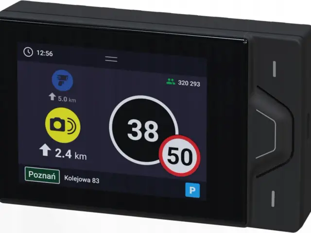Urządzenie z ekranem pokazuje prędkość 38 km/h, ograniczenie 50 km/h, fotoradar za 5 km i parking. Czy to Radarbot czy Yanosik?