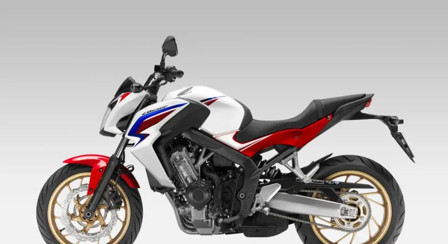 Sportowy motocykl Honda CB650F w białym, czerwonym i niebieskim malowaniu. Szczegółowe honda cb650f dane techniczne dostępne online.