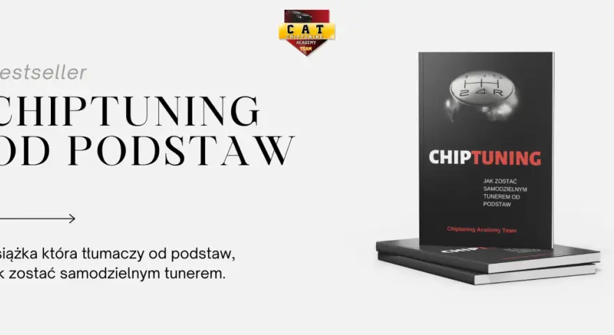 Okładka książki "Chiptuning od podstaw" ze zdjęciem gałki zmiany biegów i logo akademii.