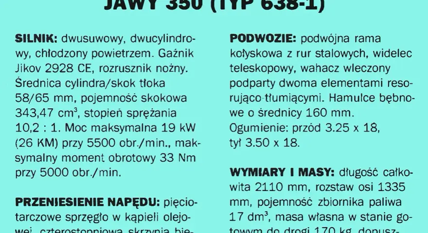 Dane techniczne Jawy 350 (Typ 638-1): silnik dwucylindrowy, moc 19 kW, podwozie z ramą kołyskową, hamulce bębnowe, wymiary i masy.
