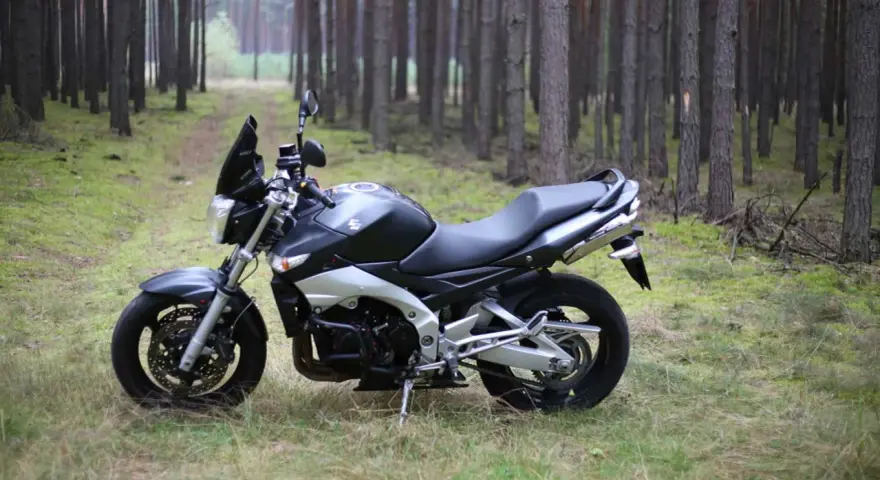Suzuki GSR 600 dane techniczne: czarny motocykl stoi na leśnej ścieżce, otoczony sosnami.