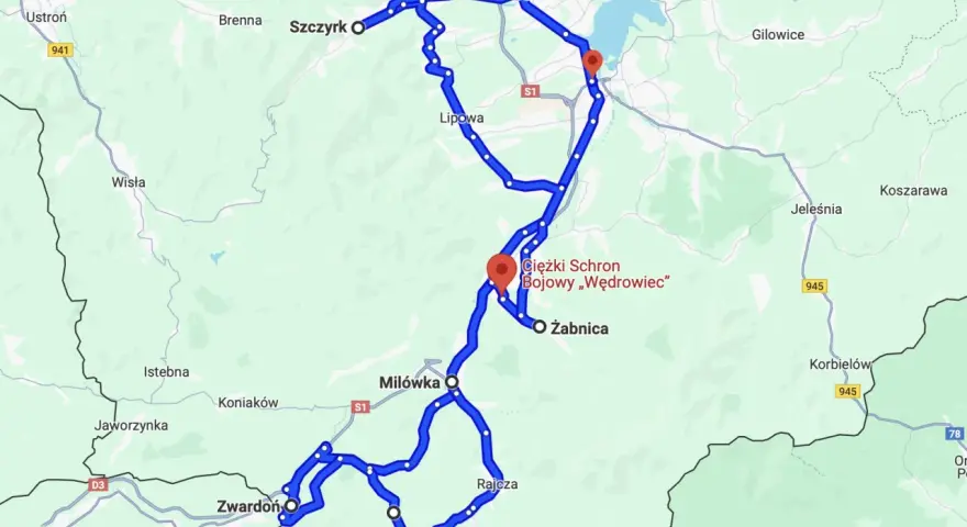 Mapa z zaznaczoną trasą motocyklową przez Szczyrk, Żywiec i okolice.