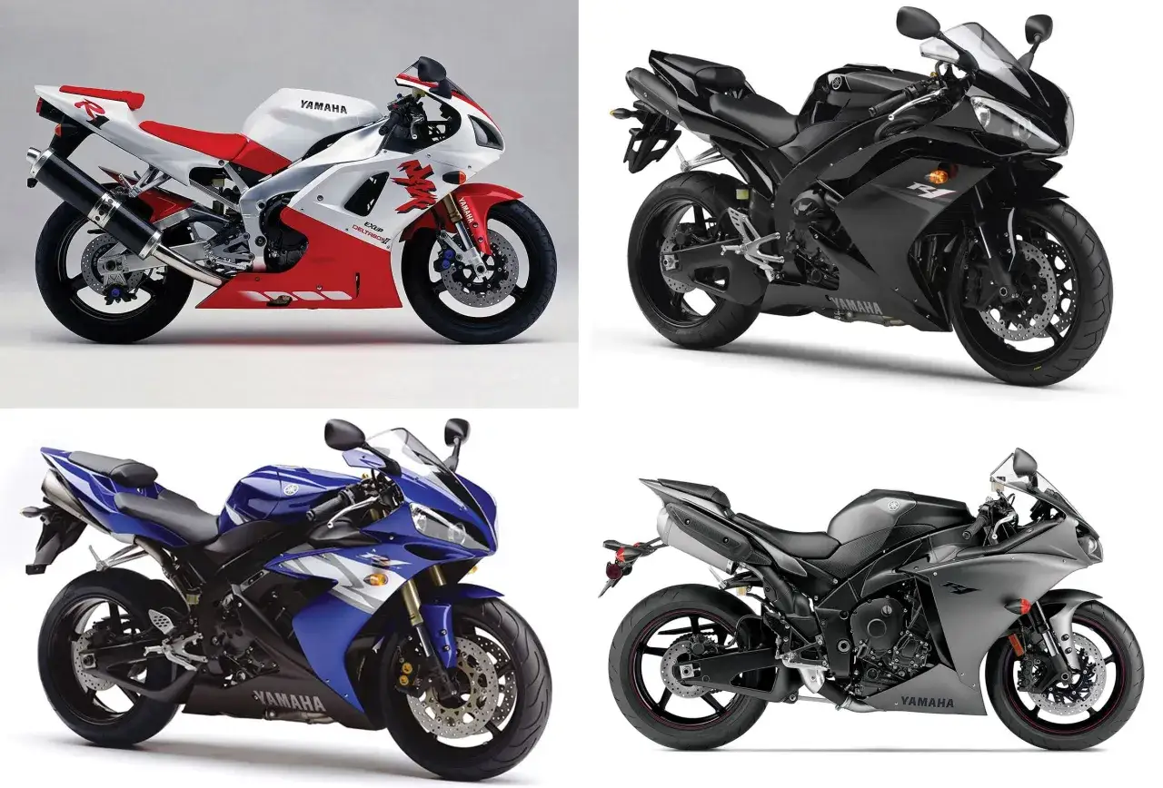 Cztery ikoniczne yamaha r1 generacje: biało-czerwona, czarna, niebiesko-biała i grafitowa, prezentujące ewolucję designu.