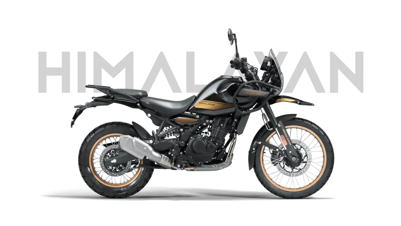 Czarny motocykl Royal Enfield Himalayan z brązowymi akcentami, gotowy na przygodę.