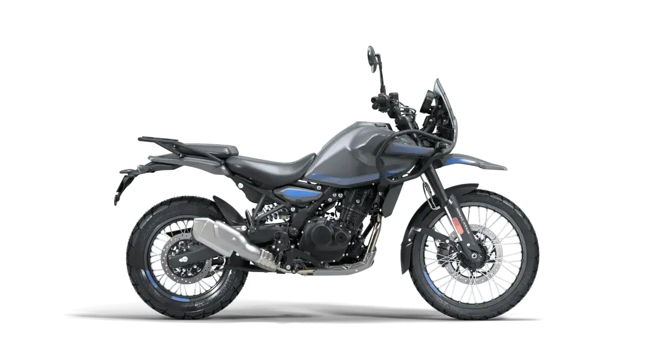 Szary motocykl Royal Enfield Himalayan z niebieskimi akcentami, gotowy na przygodę.