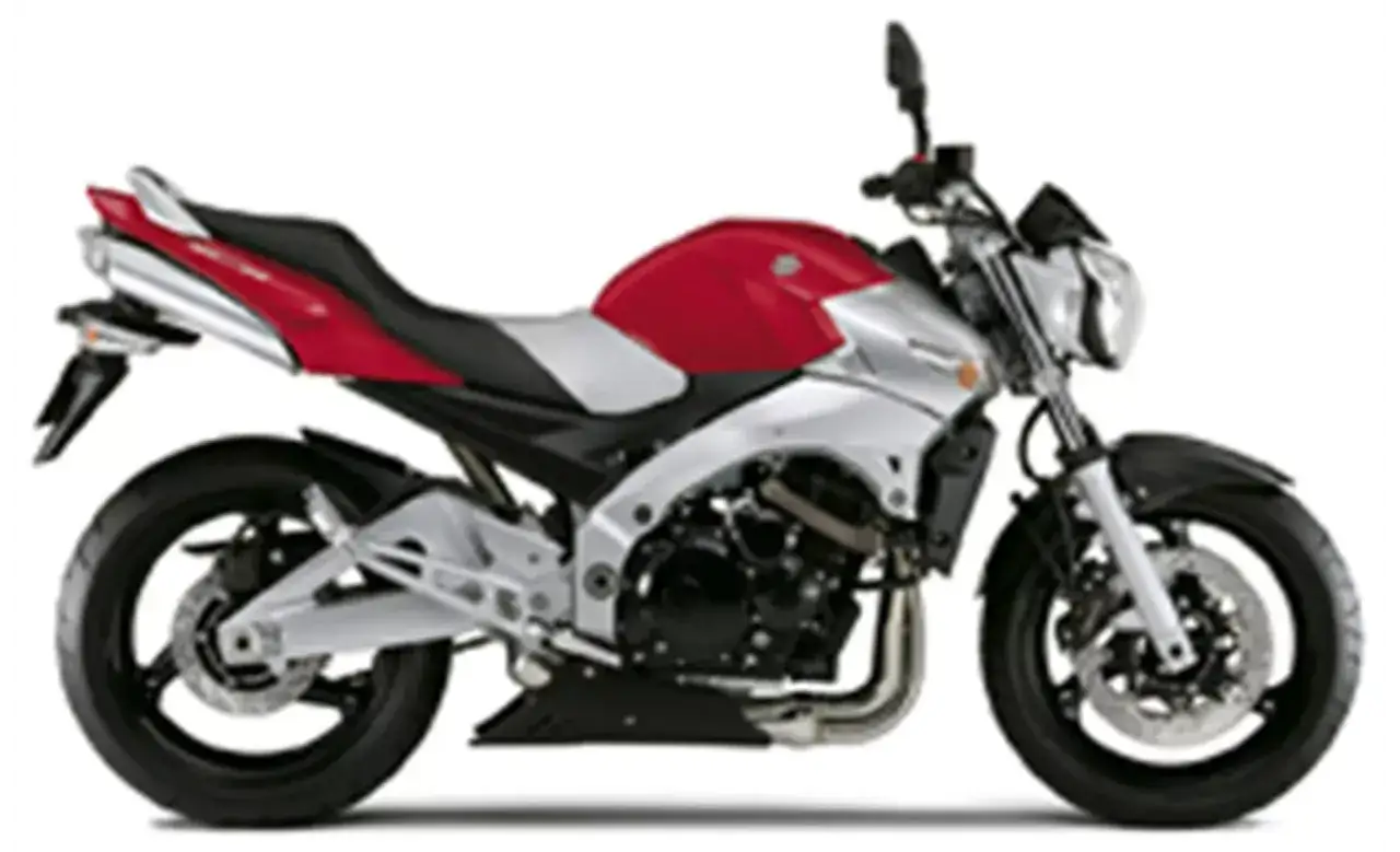 Czerwono-srebrny motocykl Suzuki GSR gotowy do jazdy.