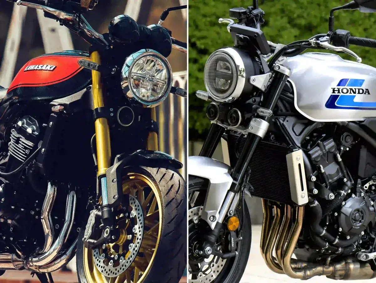 Dwa motocykle: czarny z czerwonym Kawasaki i srebrny z niebieskim logo Honda. Klasyczny styl, idealny dla miłośników modelu Honda CB400.