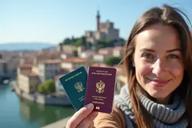 Uśmiechnięta kobieta trzyma paszporty na tle włoskiego miasta. Czy do Włoch potrzebny jest paszport? Tak, jeśli podróżujesz spoza strefy Schengen.