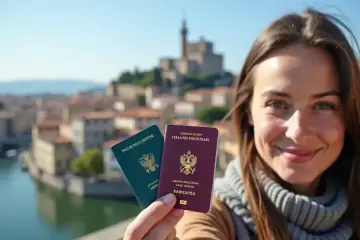 Uśmiechnięta kobieta trzyma paszporty na tle włoskiego miasta. Czy do Włoch potrzebny jest paszport? Tak, jeśli podróżujesz spoza strefy Schengen.